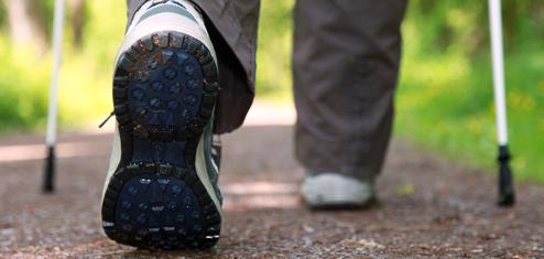Nahaufnahme eines Wanderschuhs mit abgenutzter Sohle auf einem naturbelassenen Waldweg.